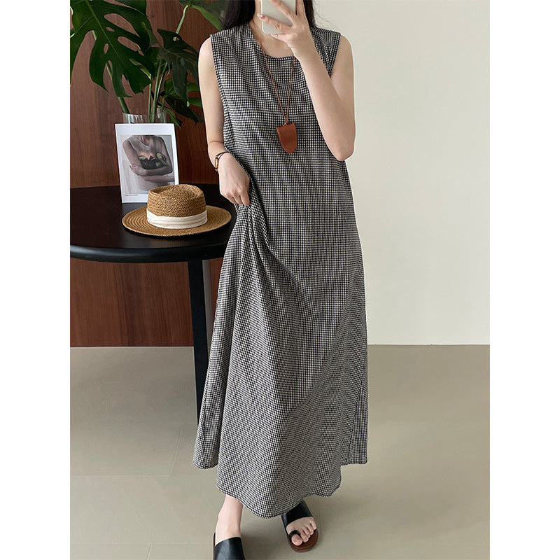 Casual Cotton Linen Vintage Plaid Back Button Sleeveless Vest Dress