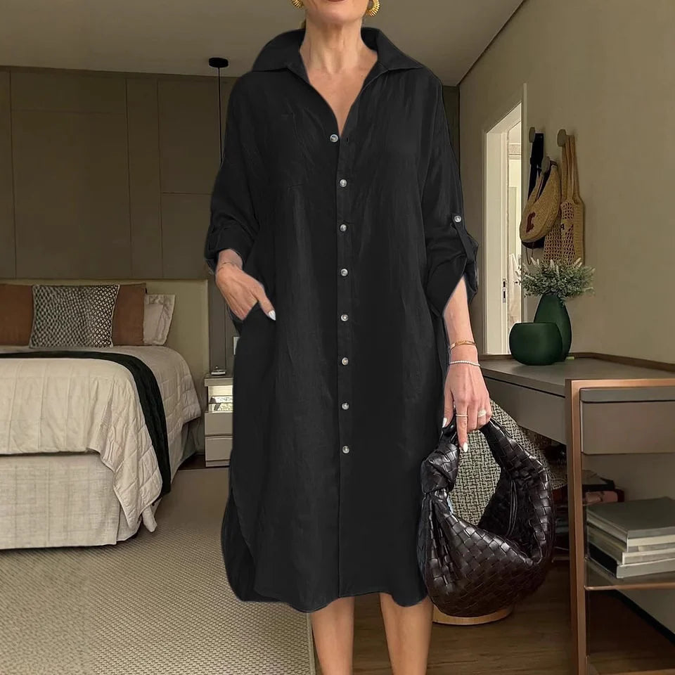 2025 Cotton Linen Shirt Long Dress Fashion Casual Long Sleeve Cardigan Dress