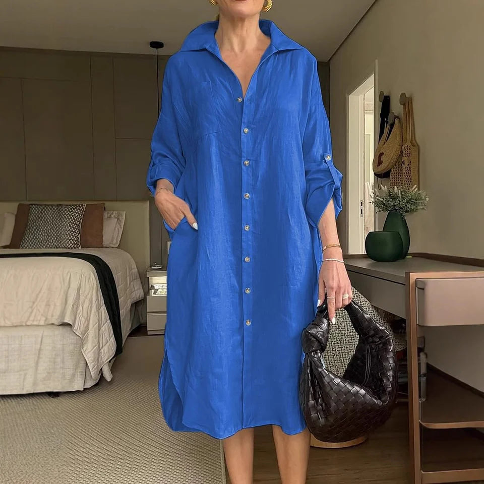 2025 Cotton Linen Shirt Long Dress Fashion Casual Long Sleeve Cardigan Dress