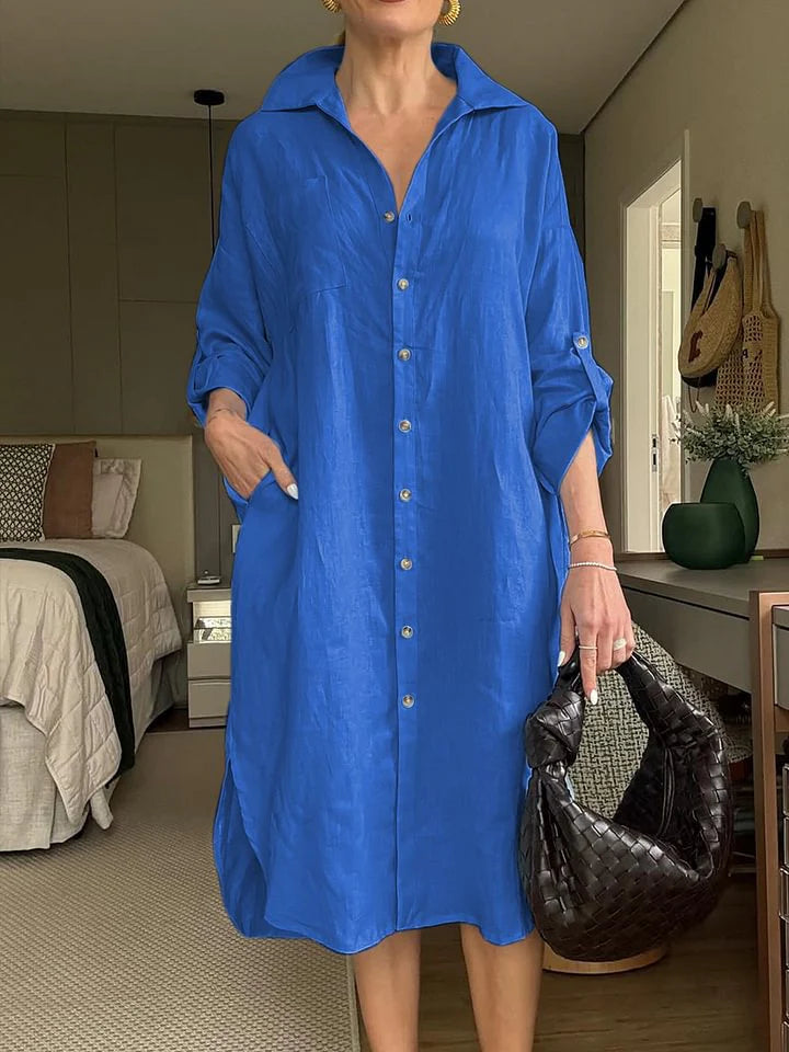 2025 Cotton Linen Shirt Long Dress Fashion Casual Long Sleeve Cardigan Dress