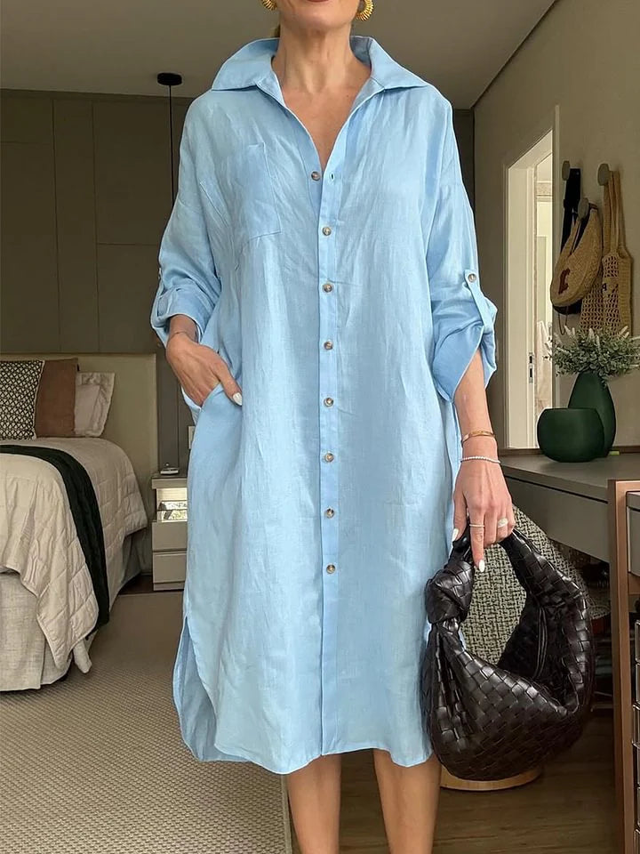 2025 Cotton Linen Shirt Long Dress Fashion Casual Long Sleeve Cardigan Dress