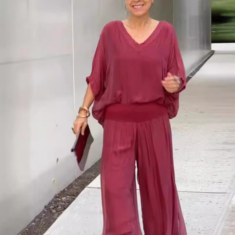 Elegant chiffon wide-leg pants two-piece set