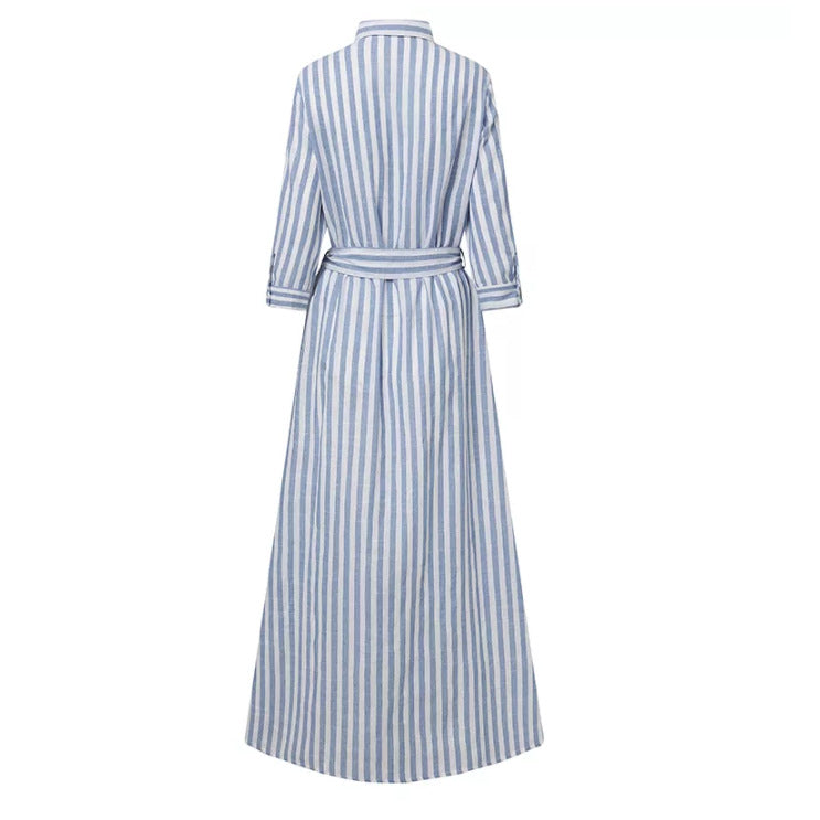 (30% Off Any Two Items) Polo Neck Temperament Cotton and Linen Striped Bohemian Seven Sleeve Cardigan Dress