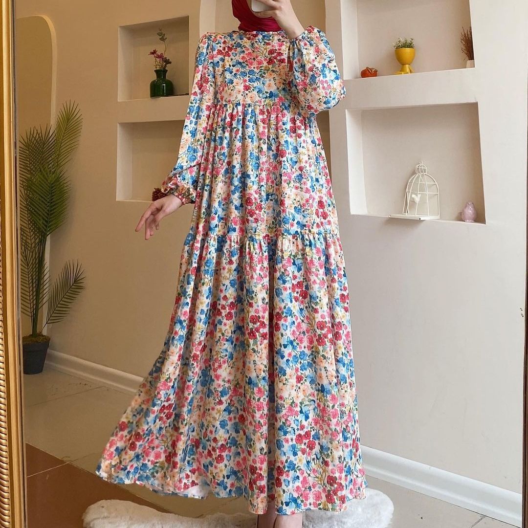 Women's 2024 New Printed Muslim Dubai Robe Dress