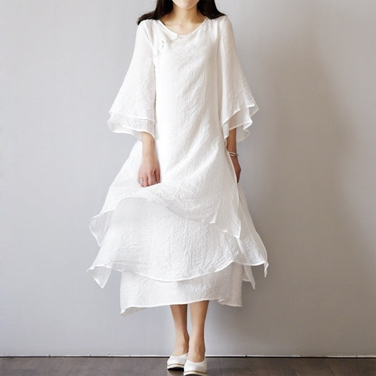 Original Women's Clothing Cotton And Linen Artistic Double Layer Dress Retro Mori Girl Style Zen Modified Hanfu Long Dress For Summer Dress