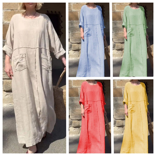 Round Neck Cotton Linen Long Sleeve Casual Pleated Double Side Pocket Dress