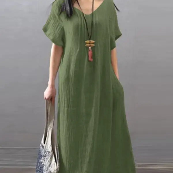 V-neck cotton linen loose casual solid colour pocket dress