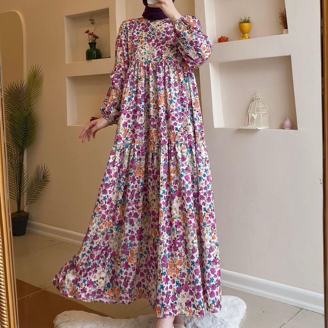 Women's 2024 New Printed Muslim Dubai Robe Dress