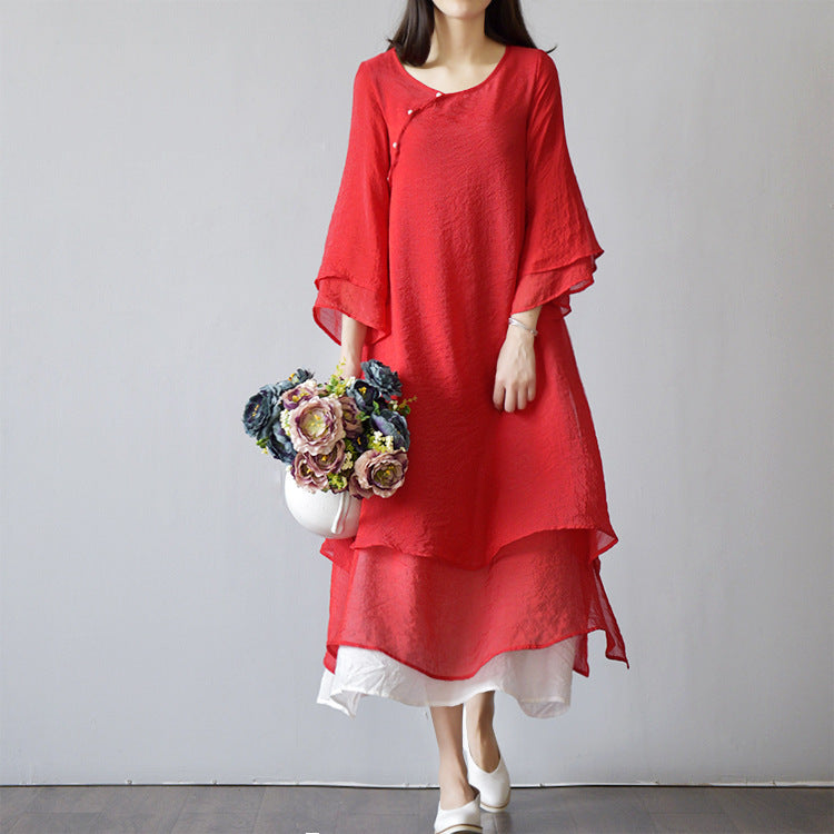 Original Women's Clothing Cotton And Linen Artistic Double Layer Dress Retro Mori Girl Style Zen Modified Hanfu Long Dress For Summer Dress