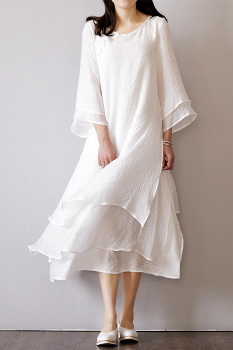 Original Women's Clothing Cotton And Linen Artistic Double Layer Dress Retro Mori Girl Style Zen Modified Hanfu Long Dress For Summer Dress