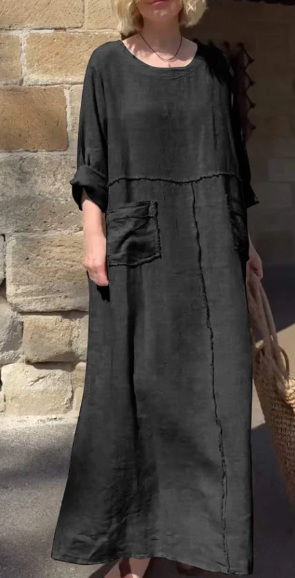 Solid Color Round Neck Cotton Linen Long Sleeve Casual Pleated Double Side Pocket Dress