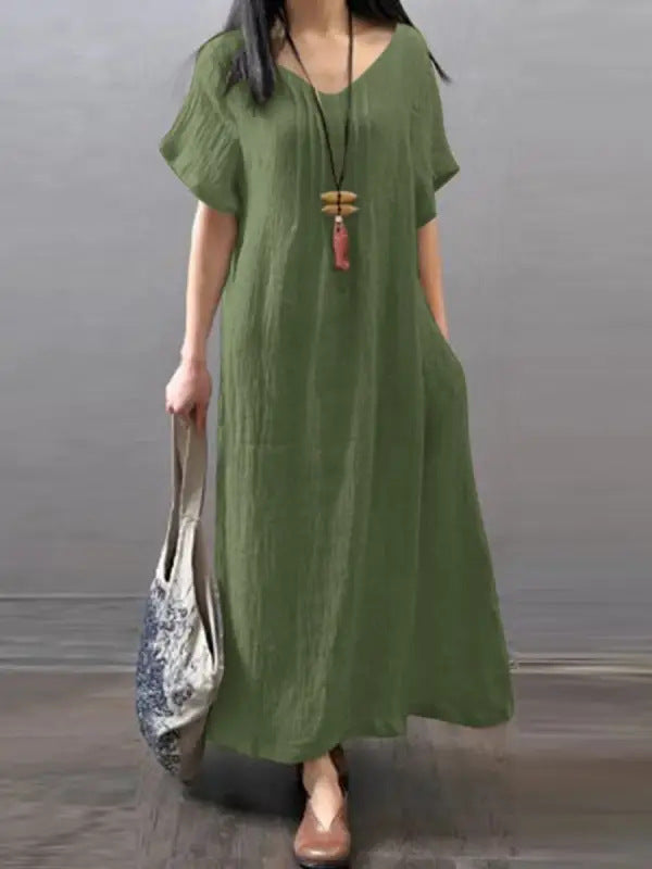 V-neck cotton linen loose casual solid colour pocket dress