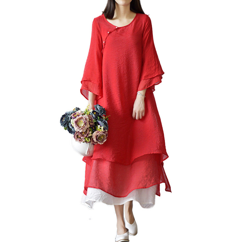 Original Women's Clothing Cotton And Linen Artistic Double Layer Dress Retro Mori Girl Style Zen Modified Hanfu Long Dress For Summer Dress