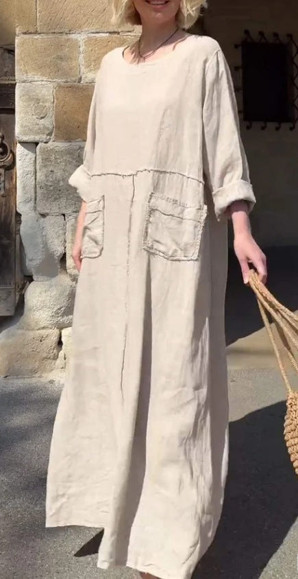 Solid Color Round Neck Cotton Linen Long Sleeve Casual Pleated Double Side Pocket Dress