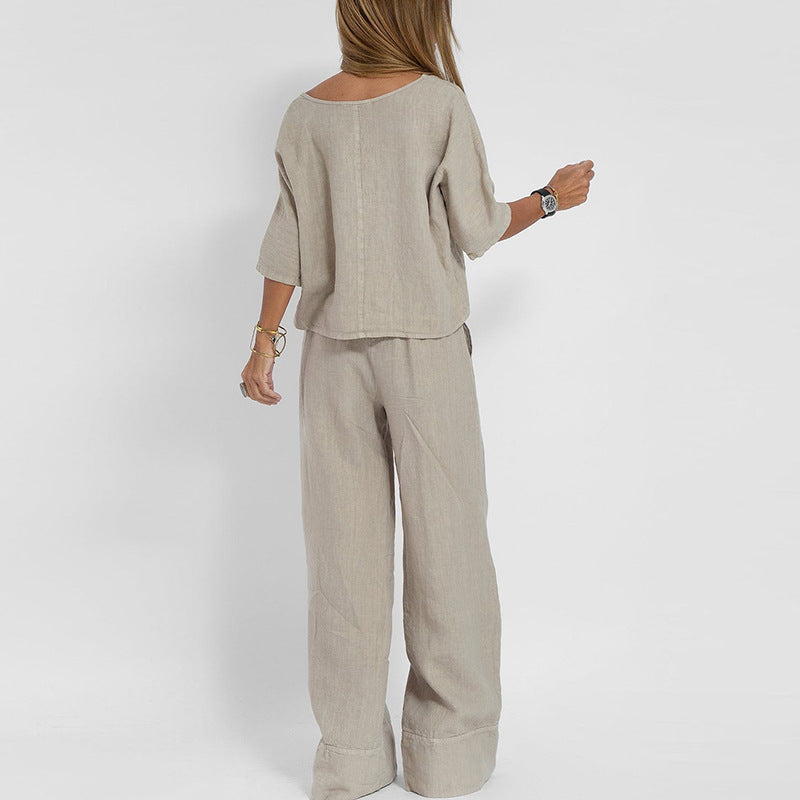 Casual Fashion Pocket Trousers Beach Suit Spring And Summer Short-sleeved Top Pullover Suit Women's Cotton And Linen Solid Color Two Pieces
