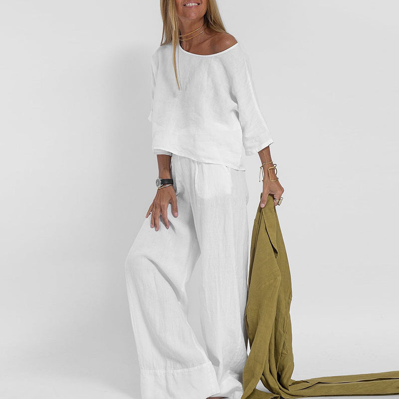 Casual Fashion Pocket Trousers Beach Suit Spring And Summer Short-sleeved Top Pullover Suit Women's Cotton And Linen Solid Color Two Pieces