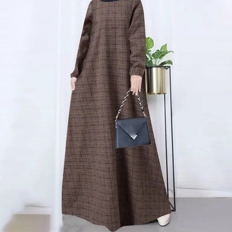 （30% Off Any Two Items）New casual women's cotton and linen retro long-sleeved plaid round-neck dresses