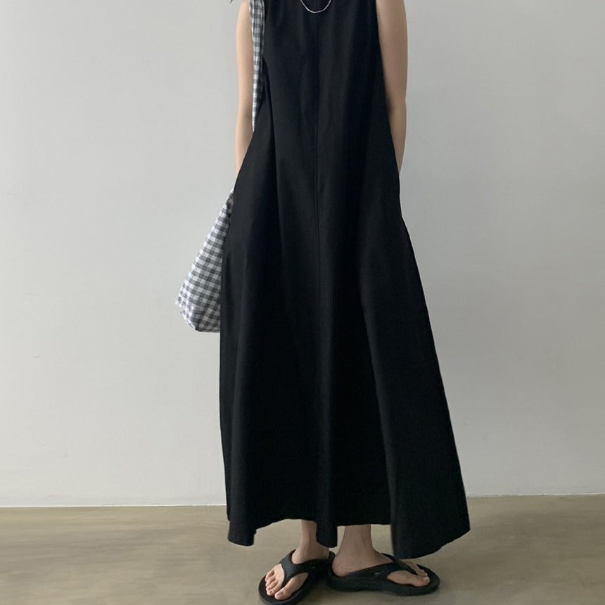 (25% Off Any Two Items) chic style loose hem sleeveless pumpkin long cotton linen dress