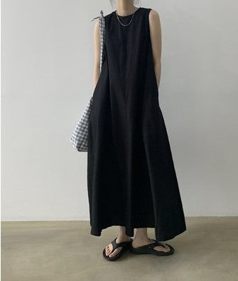 (25% Off Any Two Items) chic style loose hem sleeveless pumpkin long cotton linen dress