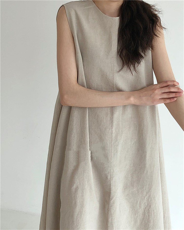 (25% Off Any Two Items) chic style loose hem sleeveless pumpkin long cotton linen dress