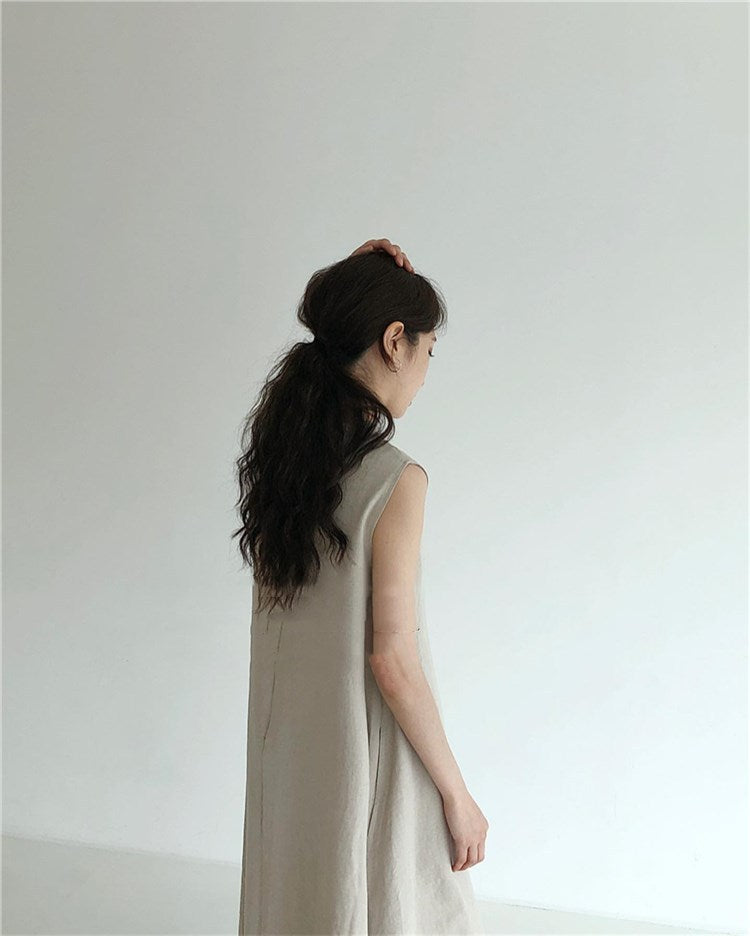 (25% Off Any Two Items) chic style loose hem sleeveless pumpkin long cotton linen dress