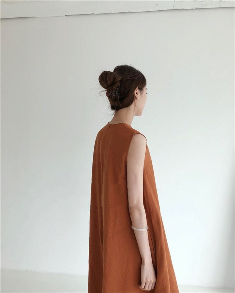(25% Off Any Two Items) chic style loose hem sleeveless pumpkin long cotton linen dress