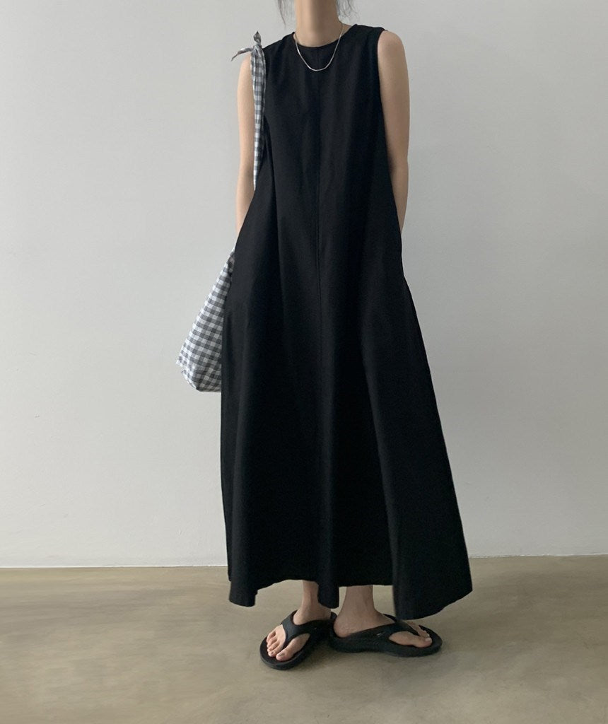 (25% Off Any Two Items) chic style loose hem sleeveless pumpkin long cotton linen dress
