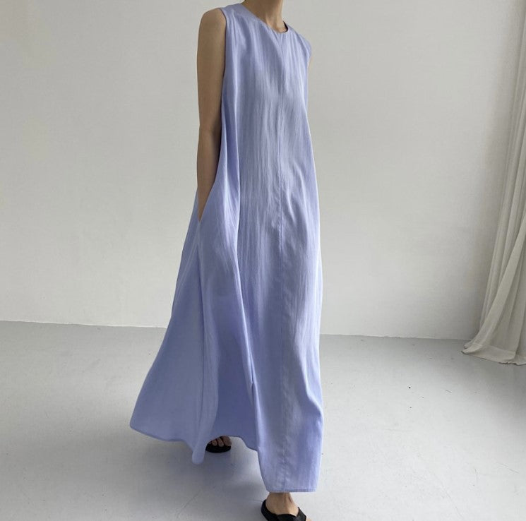 (25% Off Any Two Items) chic style loose hem sleeveless pumpkin long cotton linen dress