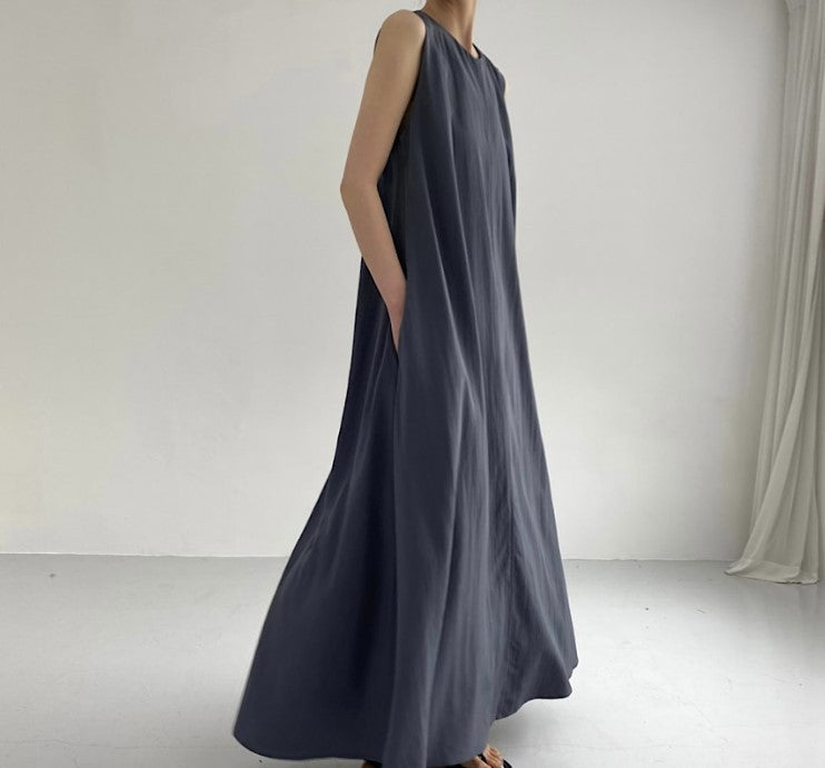 (25% Off Any Two Items) chic style loose hem sleeveless pumpkin long cotton linen dress