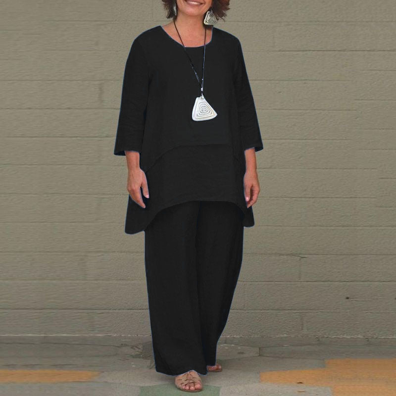 New Women's Cotton Linen Fashion Casual Large Size Irregular Long Sleeve Suit Wide Leg Pants Two Piece Set