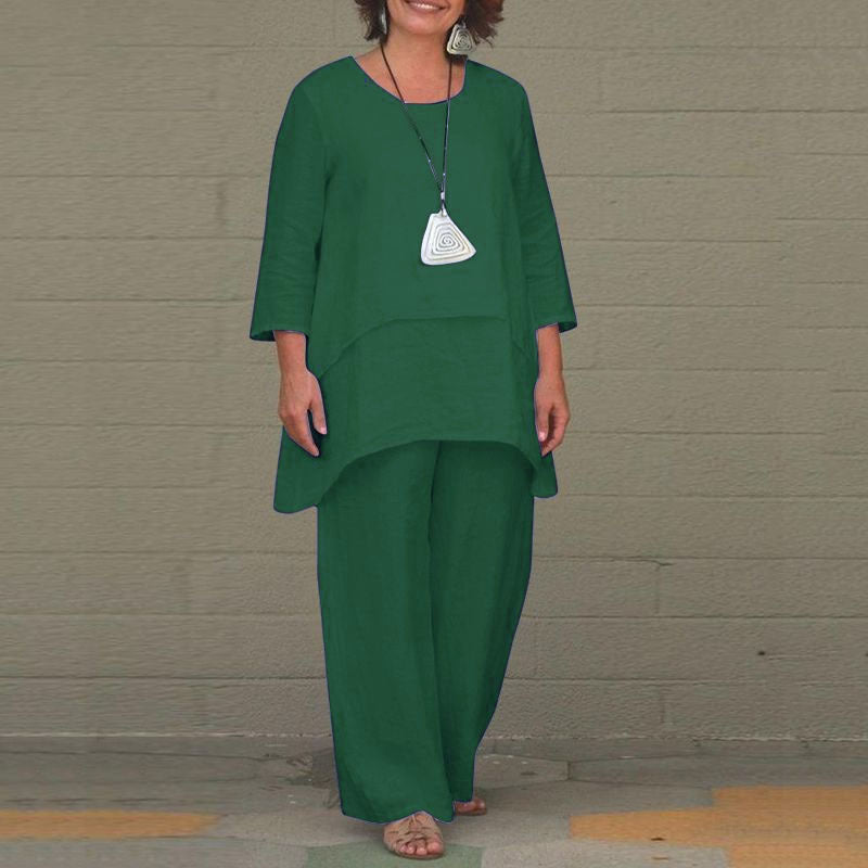 New Women's Cotton Linen Fashion Casual Large Size Irregular Long Sleeve Suit Wide Leg Pants Two Piece Set