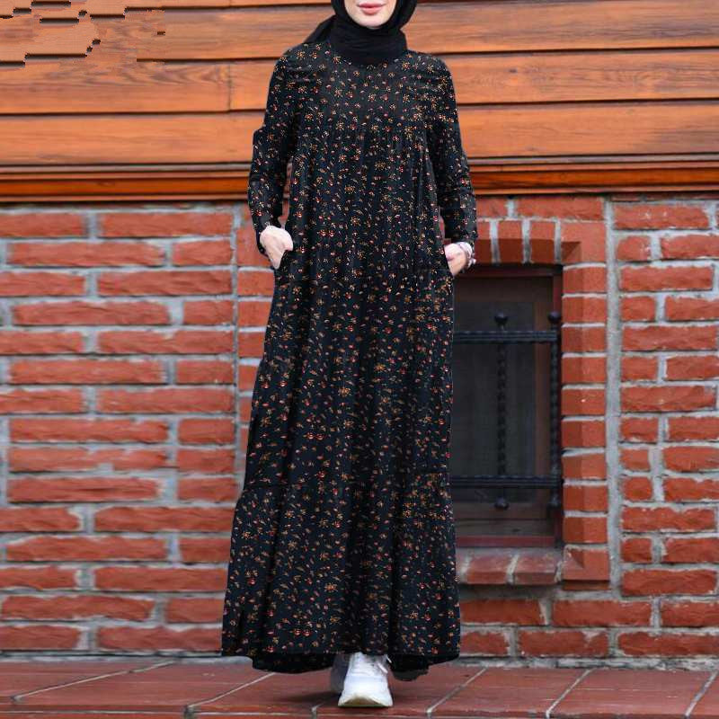 Beautiful Fashion Multi-layer Printed Back Zipper Cotton And Linen Vintage Dress