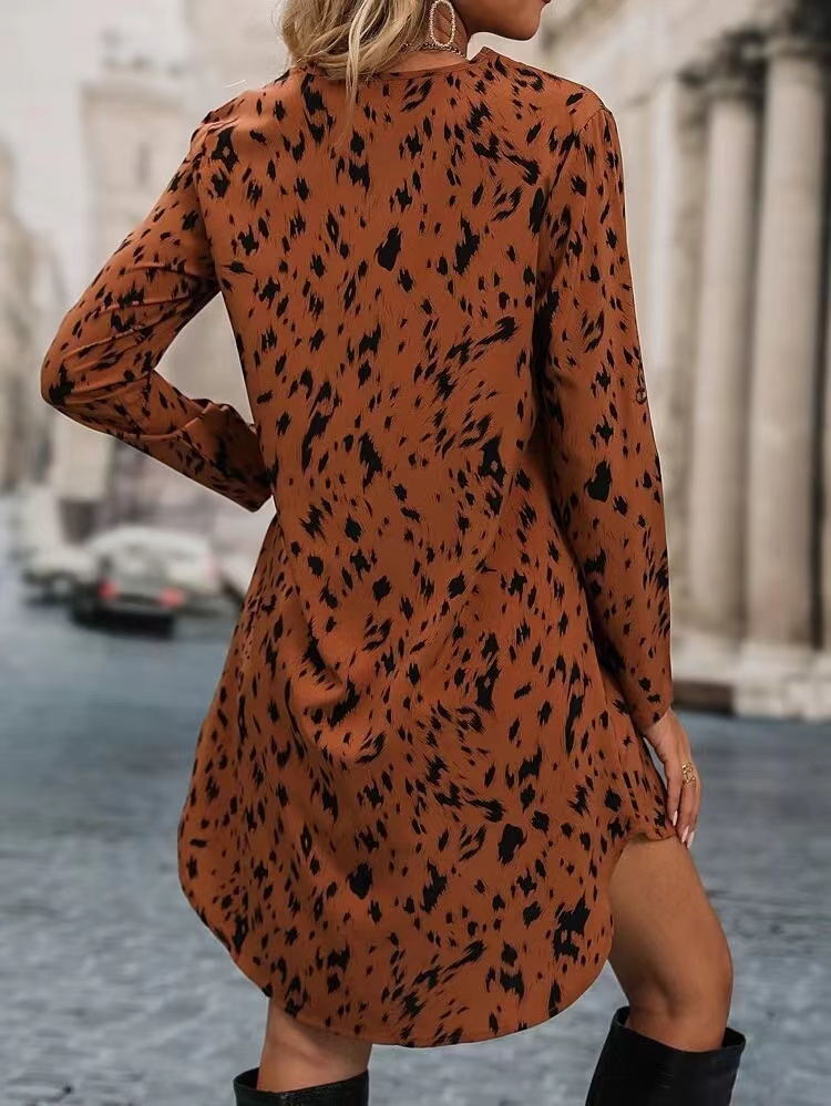 2025 New Slim Leopard Fashion Standing Collar Long Sleeve Dress Women