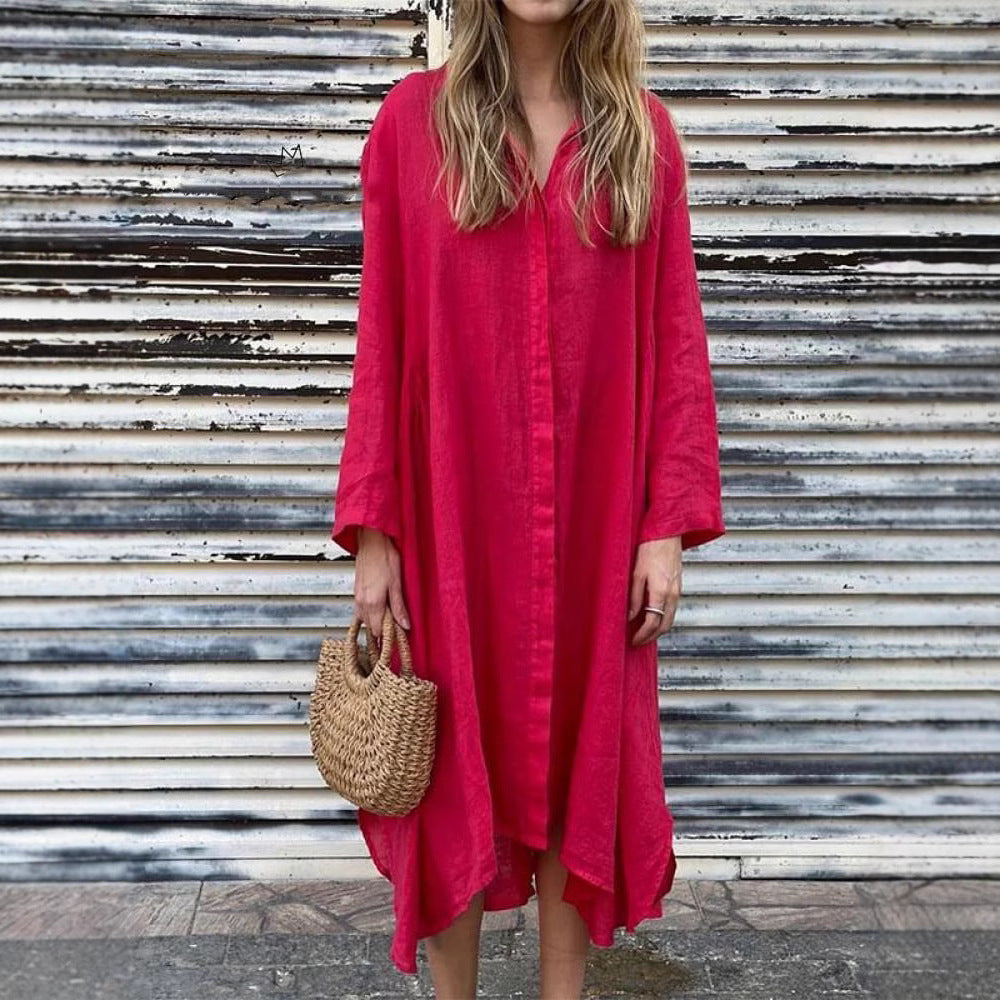 2025 Summer Loose Solid Color Cotton and Linen Fashion Long Sleeve Shirt Long Dresses