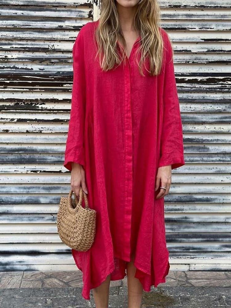2025 Summer Loose Solid Color Cotton and Linen Fashion Long Sleeve Shirt Long Dresses