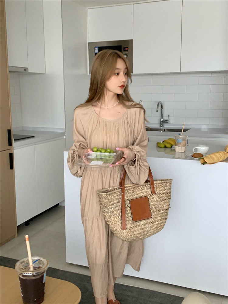 Spring and Autumn Long Sleeve Tie Linen Loose Dress Milk Tea Medium Long Dress