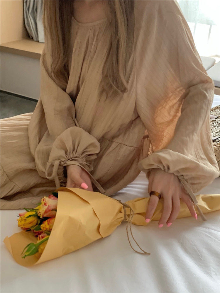 Spring and Autumn Long Sleeve Tie Linen Loose Dress Milk Tea Medium Long Dress
