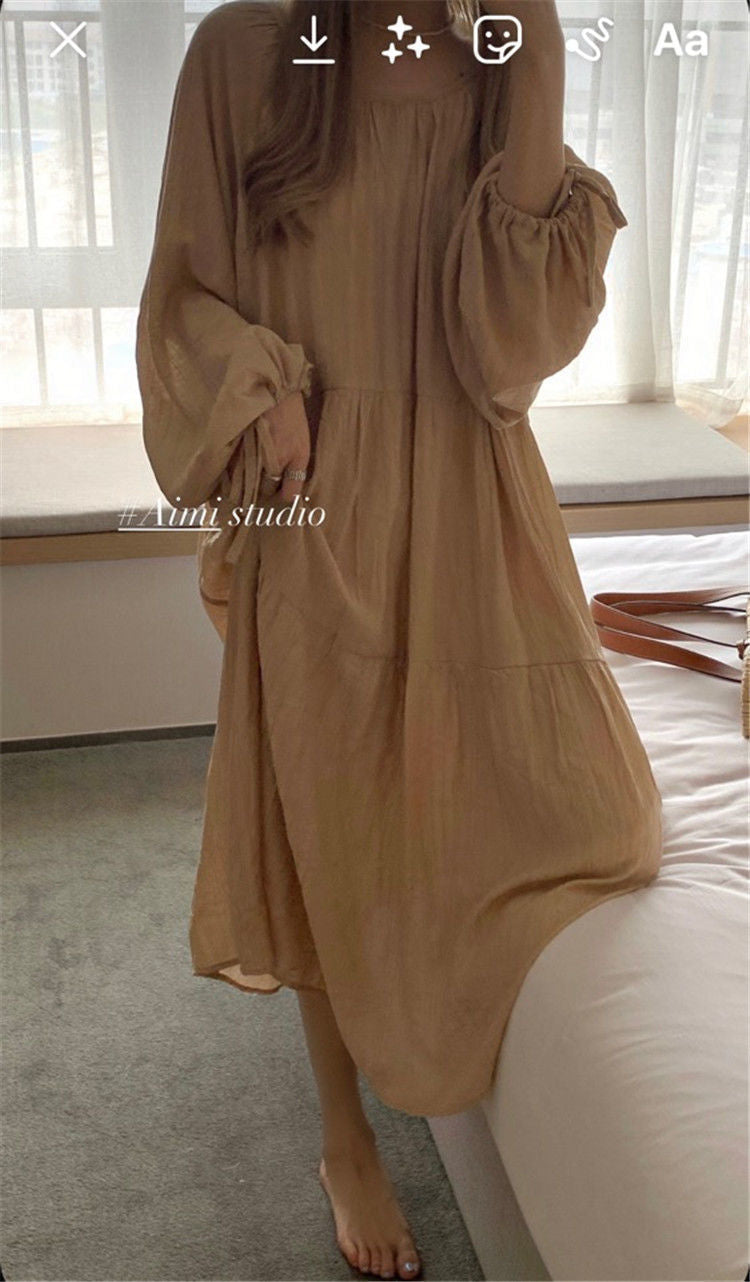 Spring and Autumn Long Sleeve Tie Linen Loose Dress Milk Tea Medium Long Dress