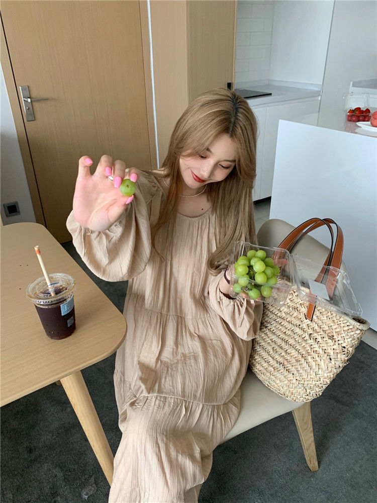 Spring and Autumn Long Sleeve Tie Linen Loose Dress Milk Tea Medium Long Dress