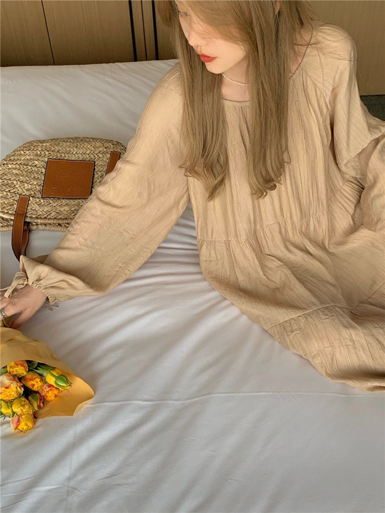 Spring and Autumn Long Sleeve Tie Linen Loose Dress Milk Tea Medium Long Dress