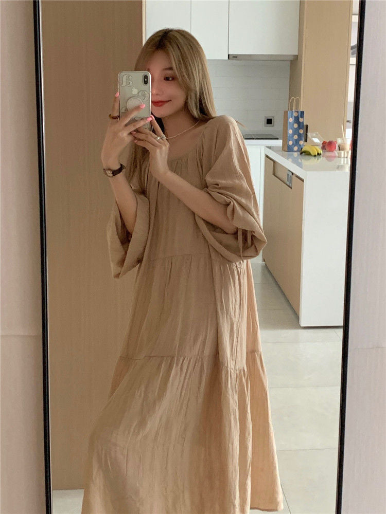 Spring and Autumn Long Sleeve Tie Linen Loose Dress Milk Tea Medium Long Dress