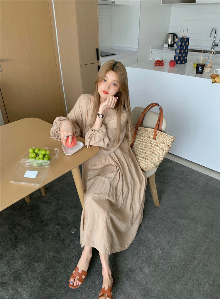Spring and Autumn Long Sleeve Tie Linen Loose Dress Milk Tea Medium Long Dress