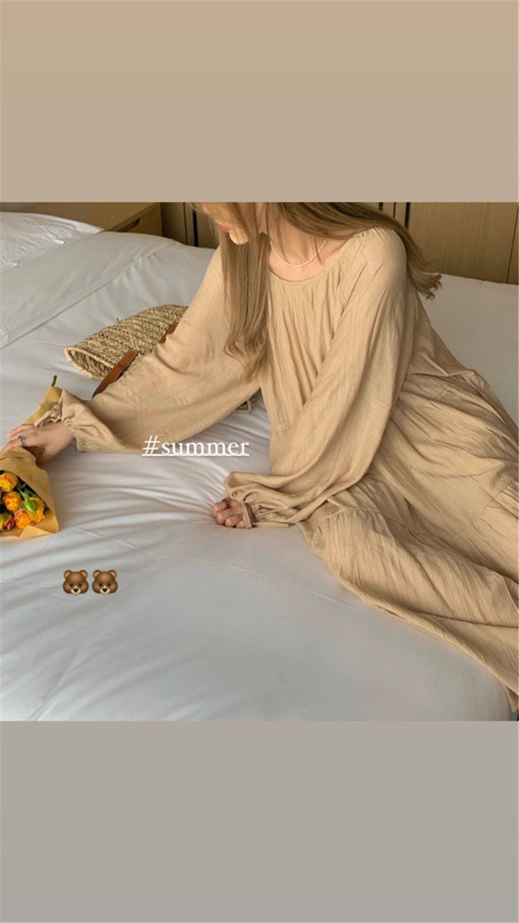 Spring and Autumn Long Sleeve Tie Linen Loose Dress Milk Tea Medium Long Dress