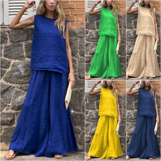 2025 Large Size Loose Solid Color Cotton Linen Sleeveless Pants Two Piece Set