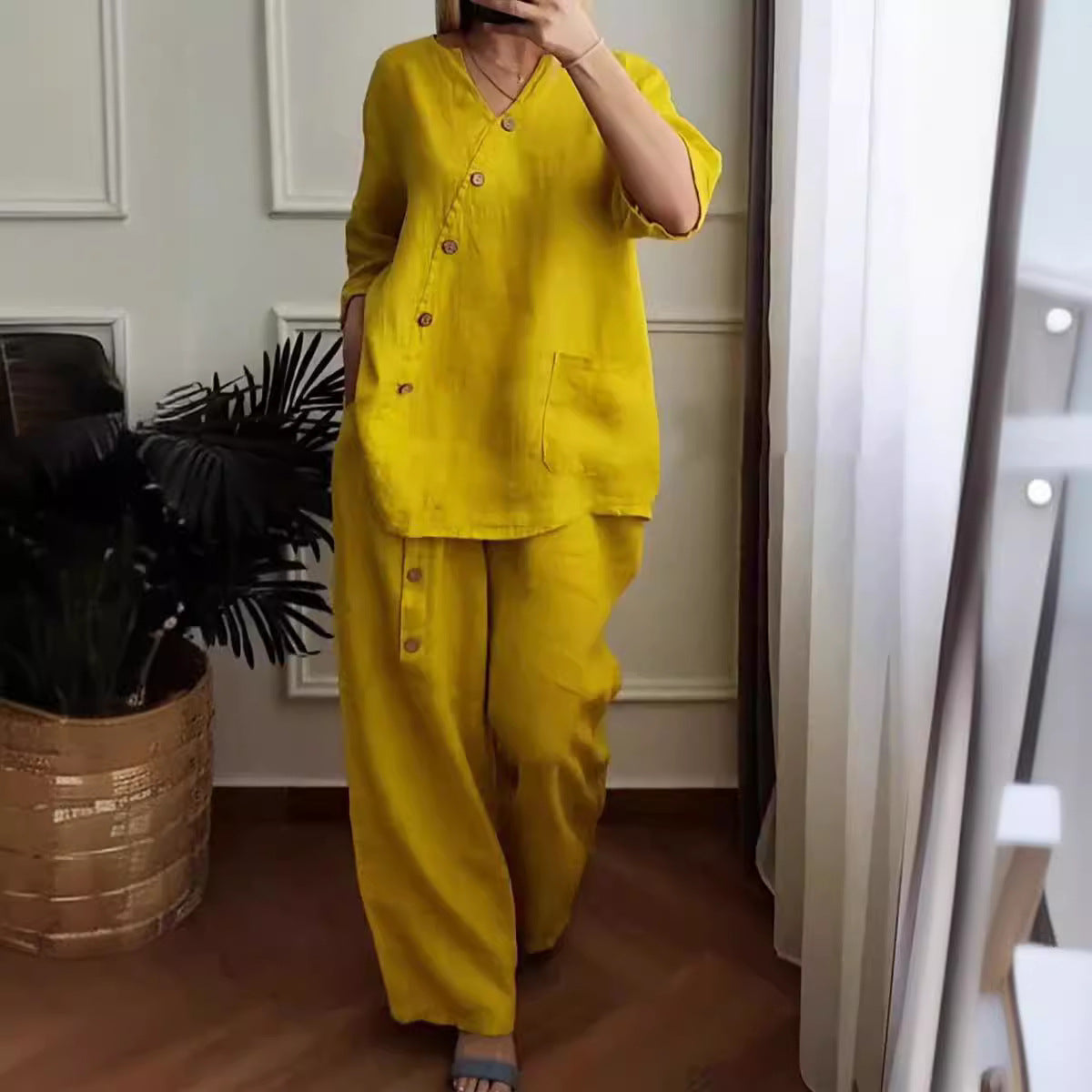 Summer new solid color cotton linen seven-minute sleeve top wide leg pants two-piece women's suit