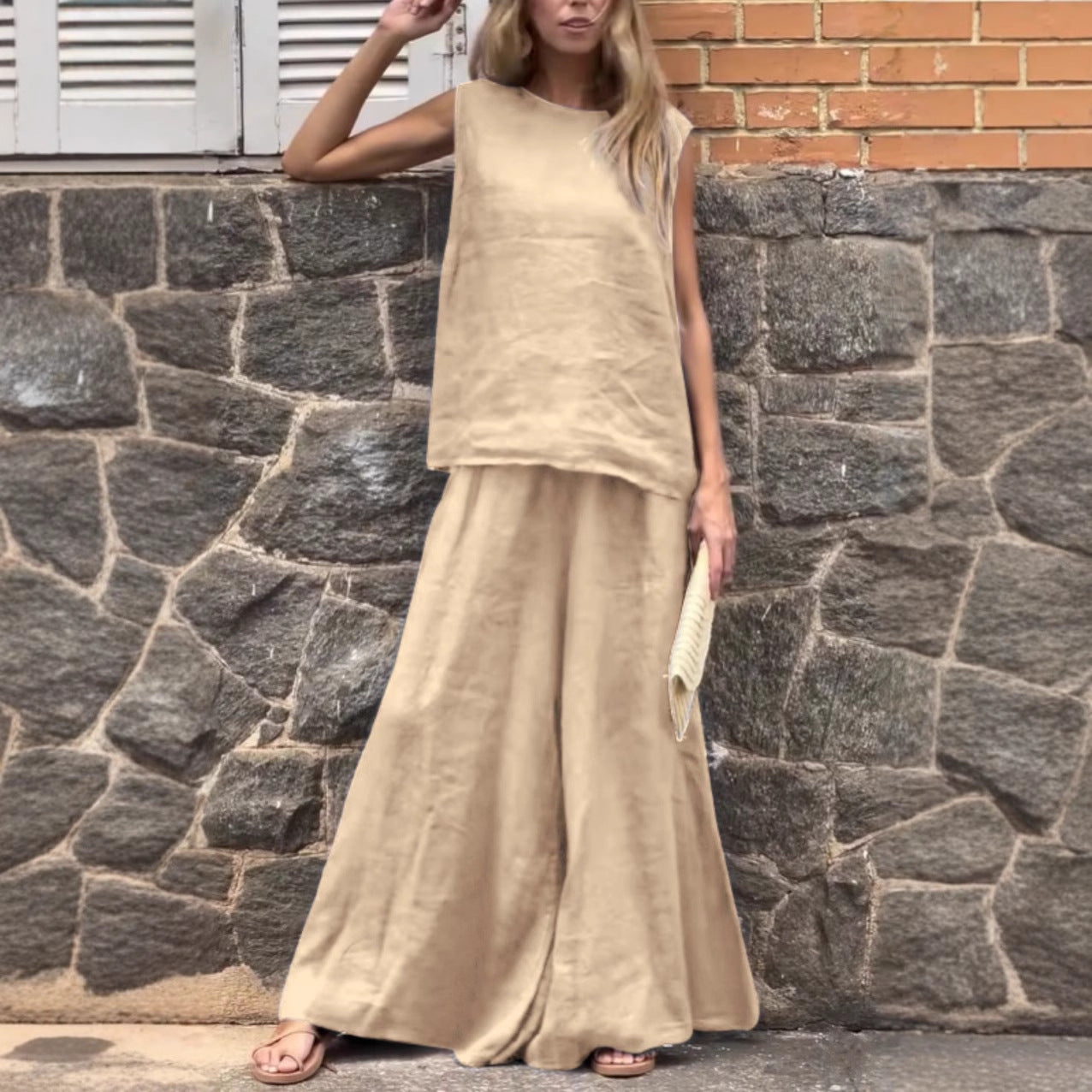 2025 Large Size Loose Solid Color Cotton Linen Sleeveless Pants Two Piece Set