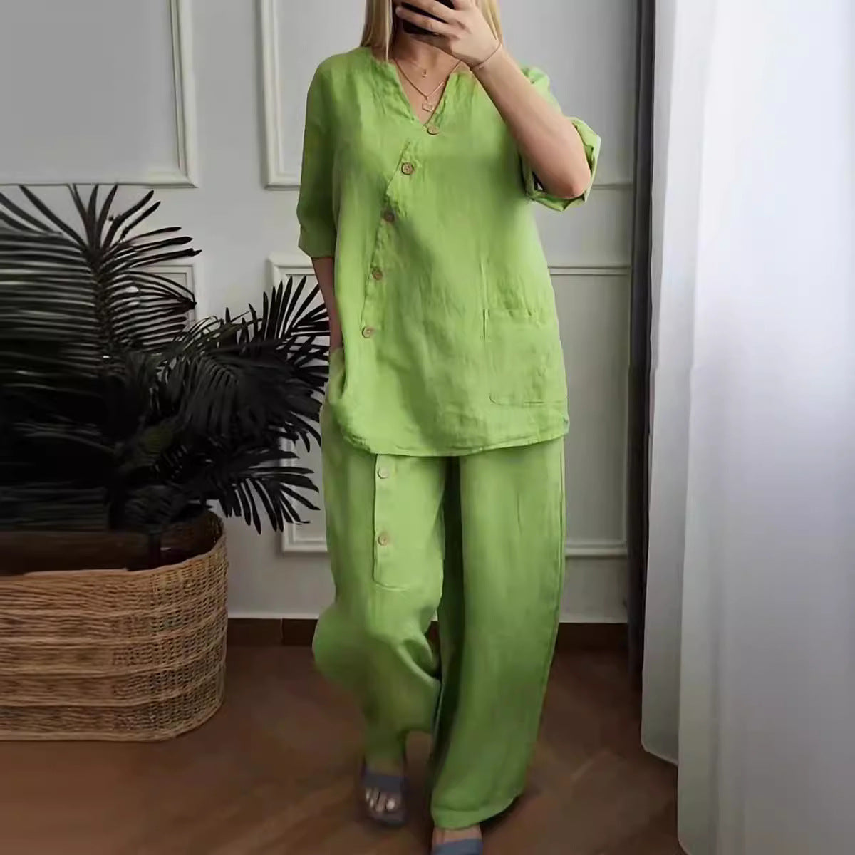 Summer new solid color cotton linen seven-minute sleeve top wide leg pants two-piece women's suit