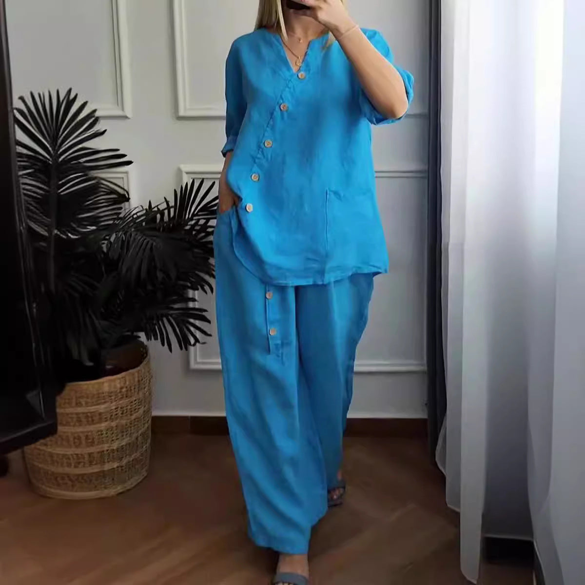 Summer new solid color cotton linen seven-minute sleeve top wide leg pants two-piece women's suit