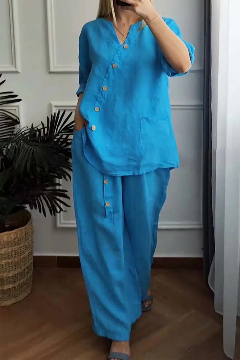 Summer new solid color cotton linen seven-minute sleeve top wide leg pants two-piece women's suit