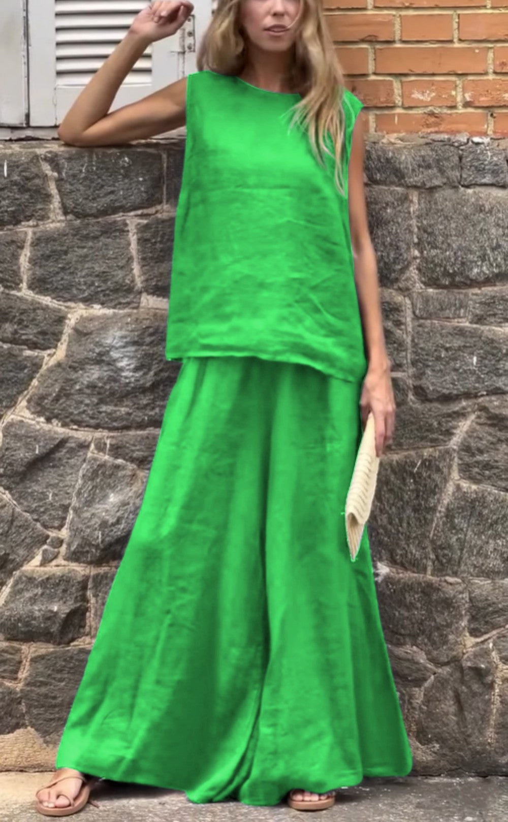 2025 Large Size Loose Solid Color Cotton Linen Sleeveless Pants Two Piece Set